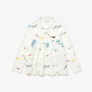 NWOT Girls Lacoste Print Flounced 100% Cotton Pique Polo Shirt